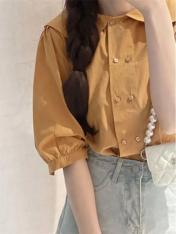 Slimming Effect Short Sleeve Women's Shirt Floral Collar Double Button French Style Loose Fit Sweet Top Trendy Summer New Arr...