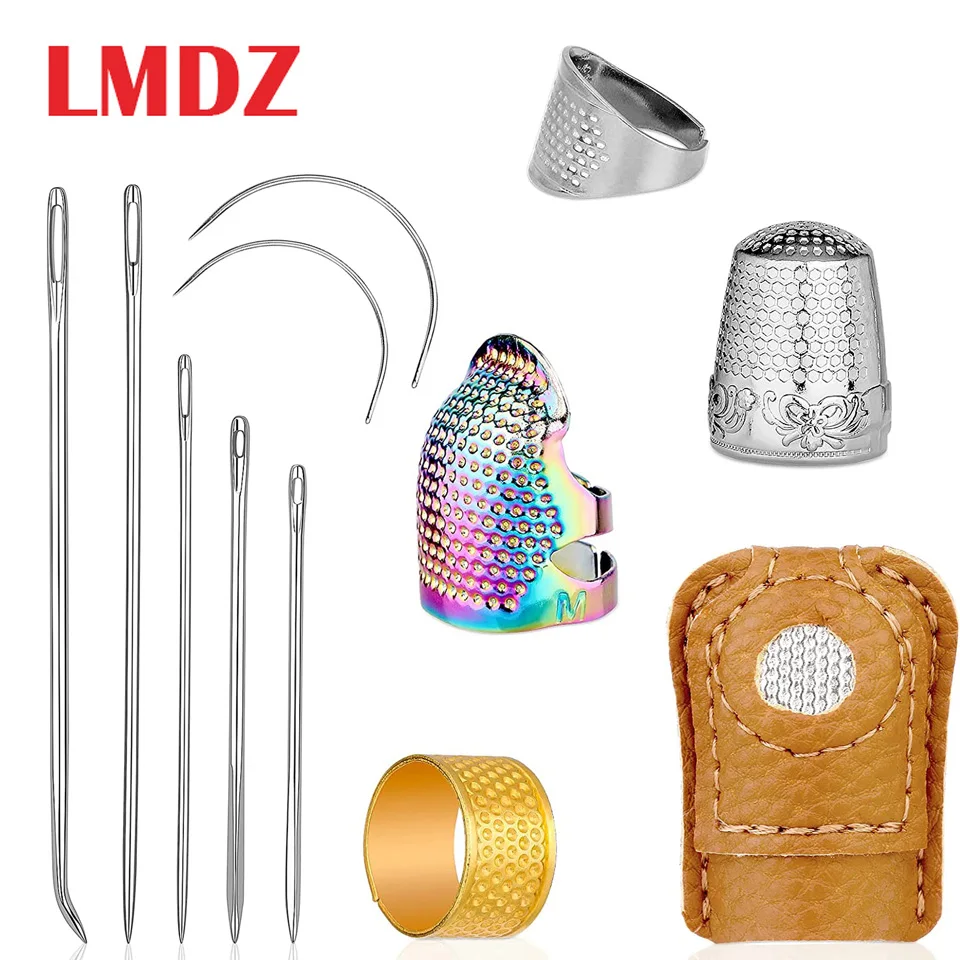 LMDZ Sewing Tools Set Adjustable Metal Sewing Thimble Rings Leather Fingertips with Leather Stitching Sewing Needle for Hand DIY