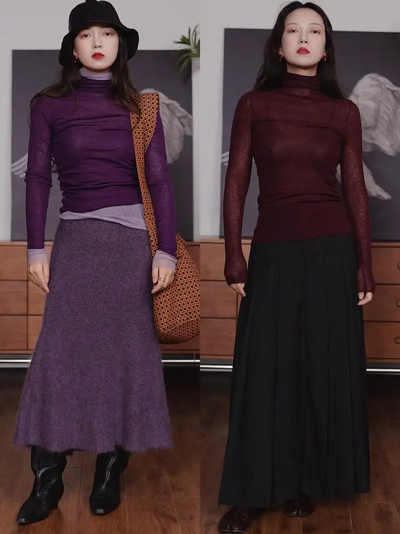 

Оригинальный свитер JULSLAN Camere с высоким воротником из 50% шелка, тонкий, мягкий, многослойный, женский, с длинными рукавами, вязаный топ