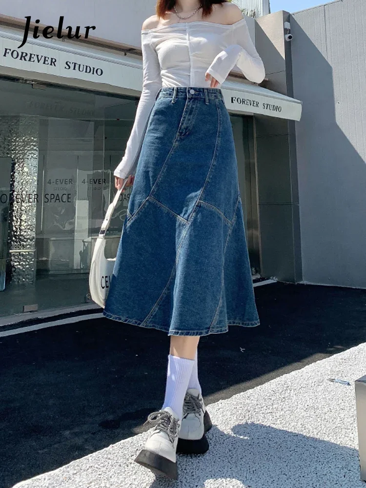 

Jielur Vintage Women Denim Trumpet Skirt Streetwear Casual Irregular Patchwork A Line High Waist Ladies Mermaid Jean Plaid Skirt