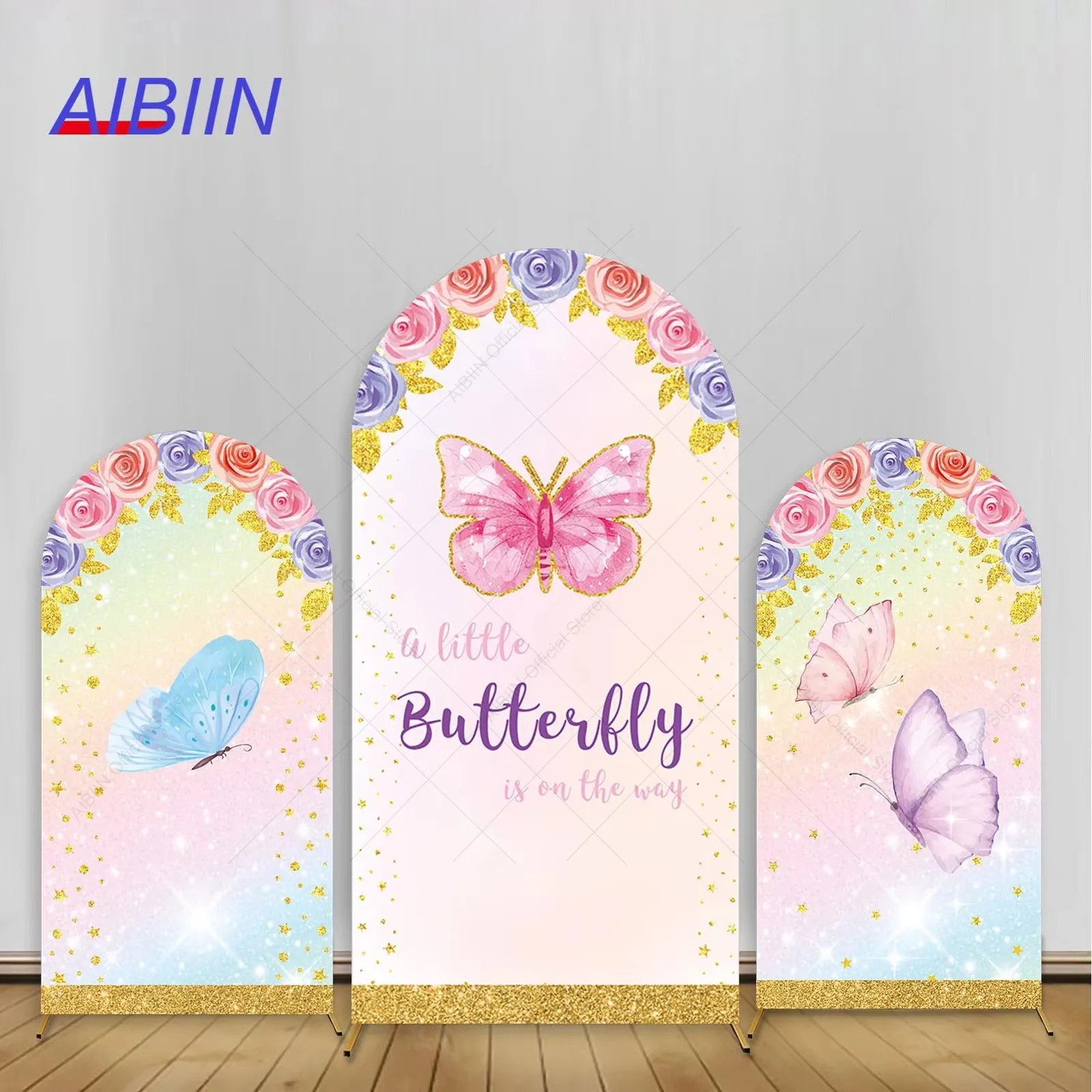 

Little Butterfly Arch Backdrop Cover Pink Blue Purple Flowers Glitter Gold Dots Stars Girl Baby Shower Birthday Party Decor