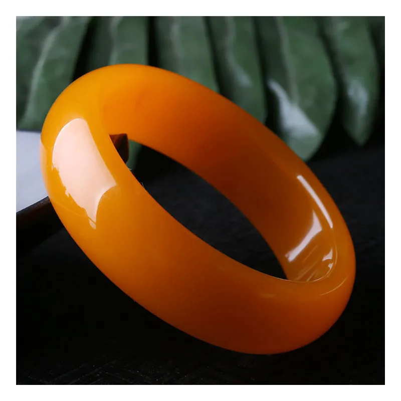 Natural Chinese Yellow Original Ecological Handcarved Fashion Jewelry Ladies Wide Thick Bangles Fengshui  Accessories