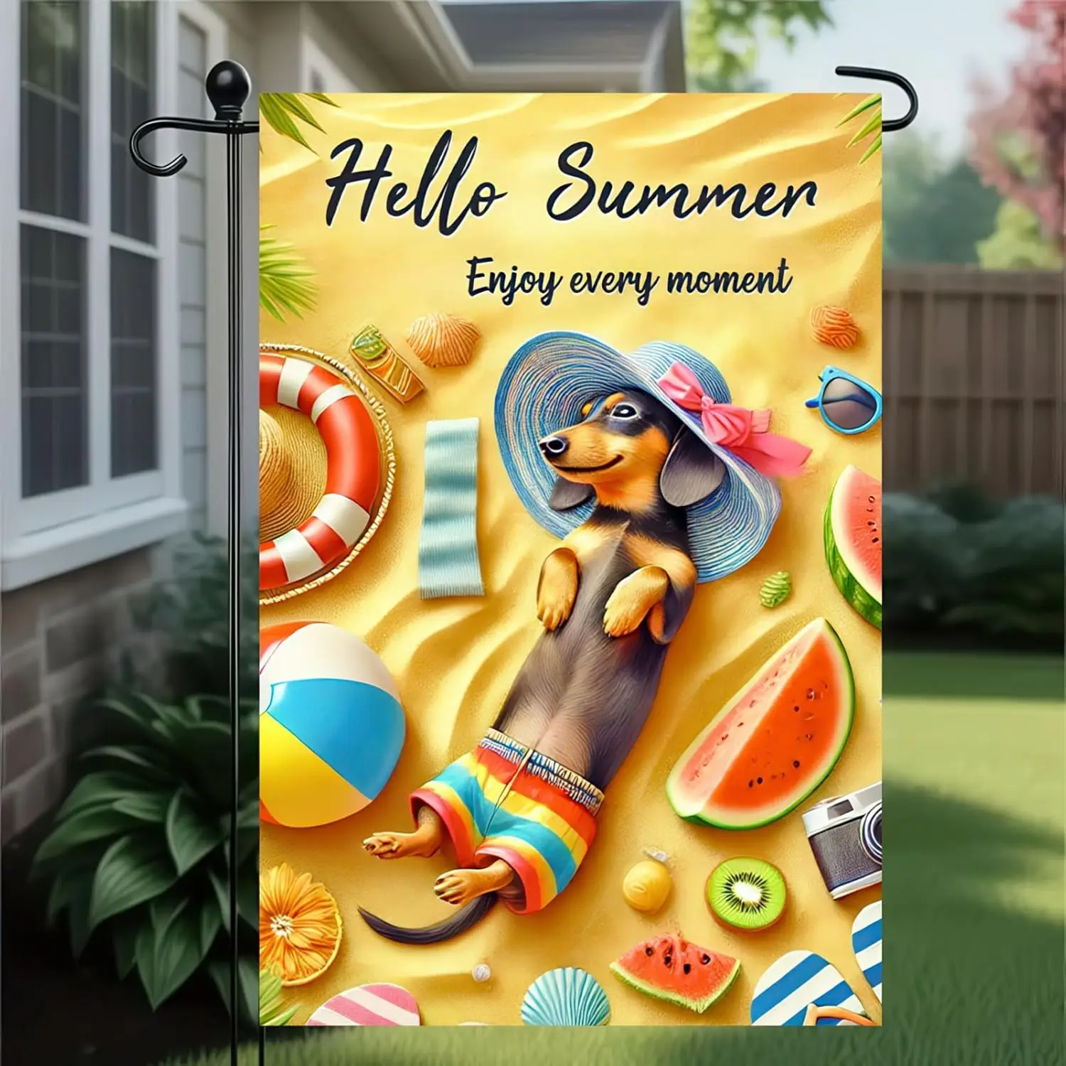 Hello Summer Garden Flag Dachshun Beach Dog Pool Flags Sea Decor Ocean Seaside Welcome Yard Flag Holiday Seasonal Farmhouse  yyi