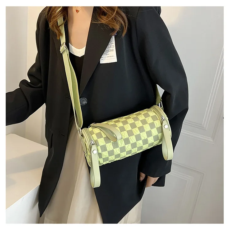 

Женская парусиновая сумка на одно плечо, трендовая сумка через плечо для телефона, шахматная сумка с широким плечевым ремнем, сумка-цилиндр с перекрестным пролетом