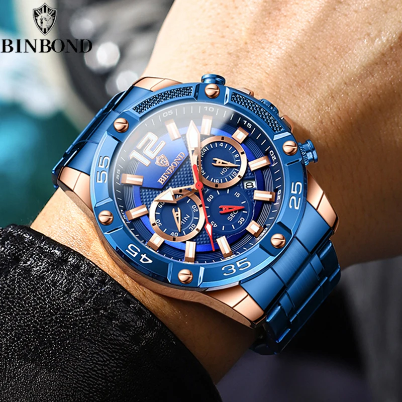 BINBOND Business Men Quartz Watches Sport Waterproof WristWatches Stainless steel Strap Chronograph Date Clock Relogio Masculino