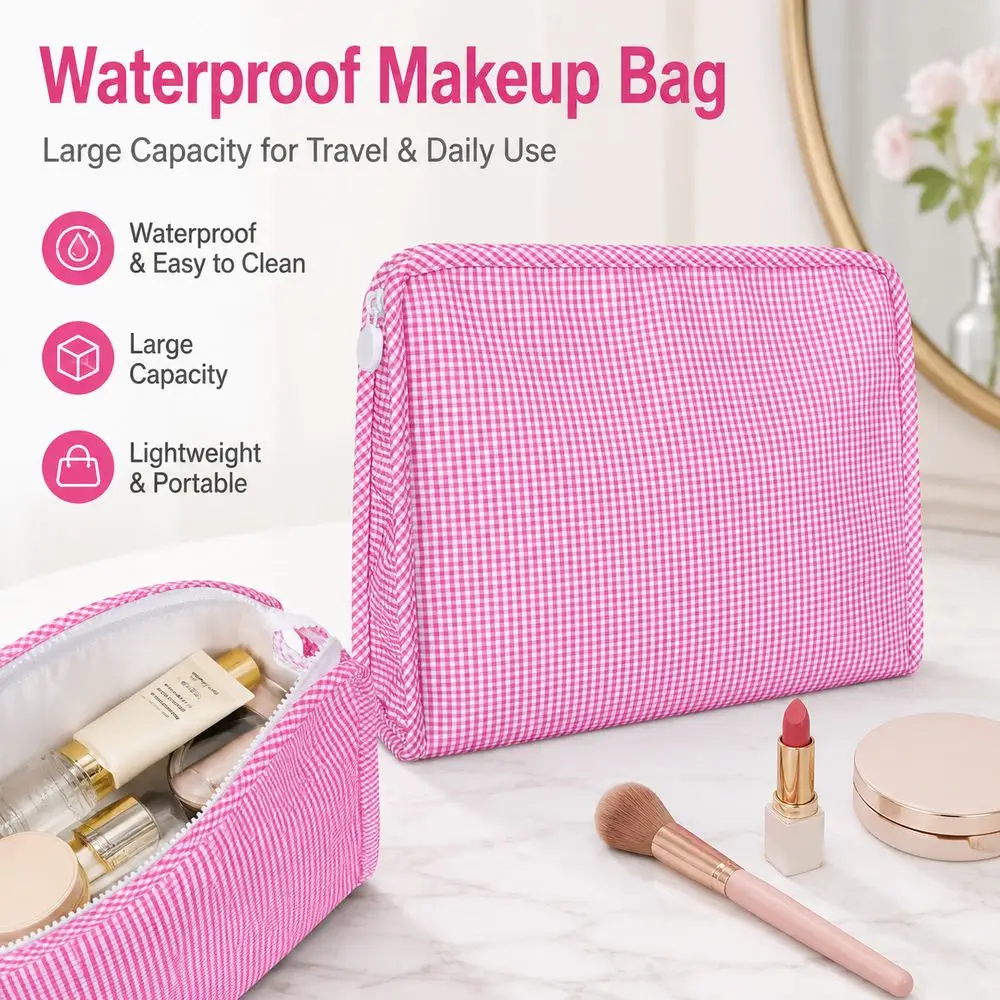 Gifts Plaid Pattern Makeup Bag Waterproof Zipper Closure Cosmetic Bag Portable Wide Opening Toiletry Bag Business Trip