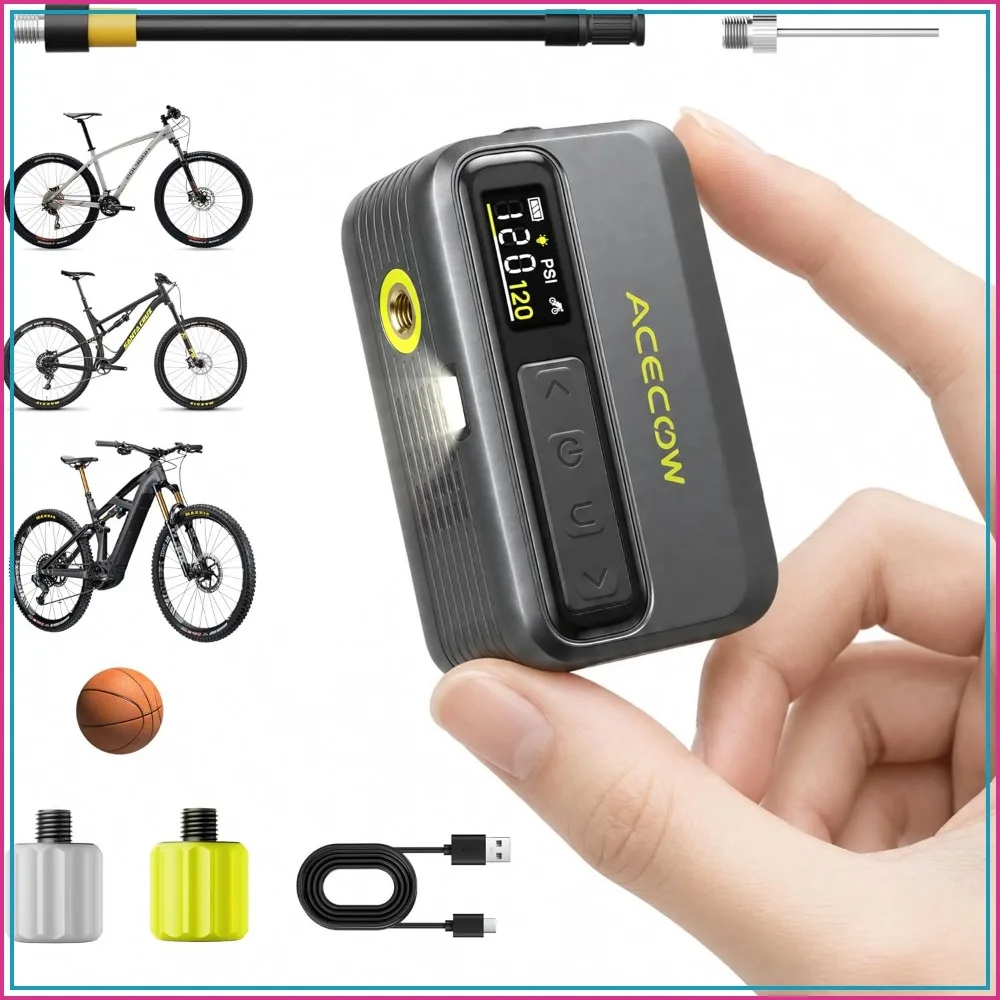 

Mini Electric Bike Pump with Gauge, Portable 120PSI Bicycle Tire Inflator, Fast Inflation, Rechargeable Air Pump for Road, MTB, E-Bikes, Includes Ball Needle, Bike Accessories