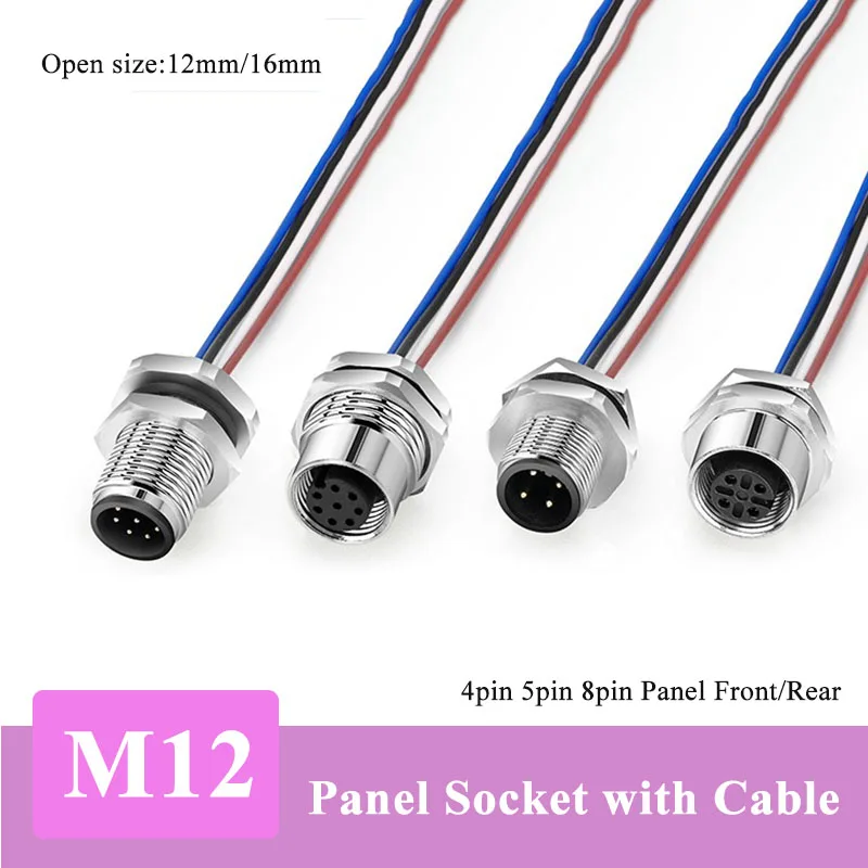 Waterproof M12 4 5 8 Pin Connector Cable Open Size 12/16MM Glued Integrated Panel Front/Rear Socket with 22AWG 20CM Line Cord