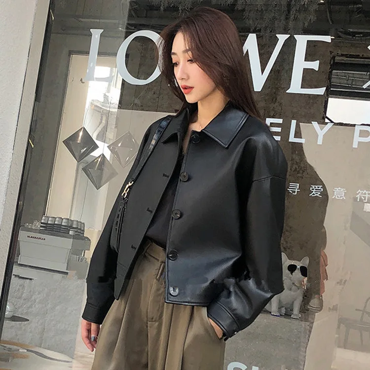 Spring and Autumn New Leather Leather Women's Head Sheepskin Lapel Casual Small Coat Korean Jacket