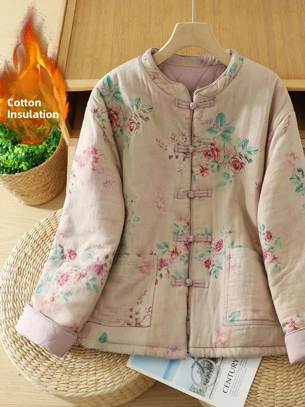 

Retro Print New Chinese Sle Women's Cotton Jaet Coat Stand Collar Button up Warm Thiened Long Sve Winter Outerwear