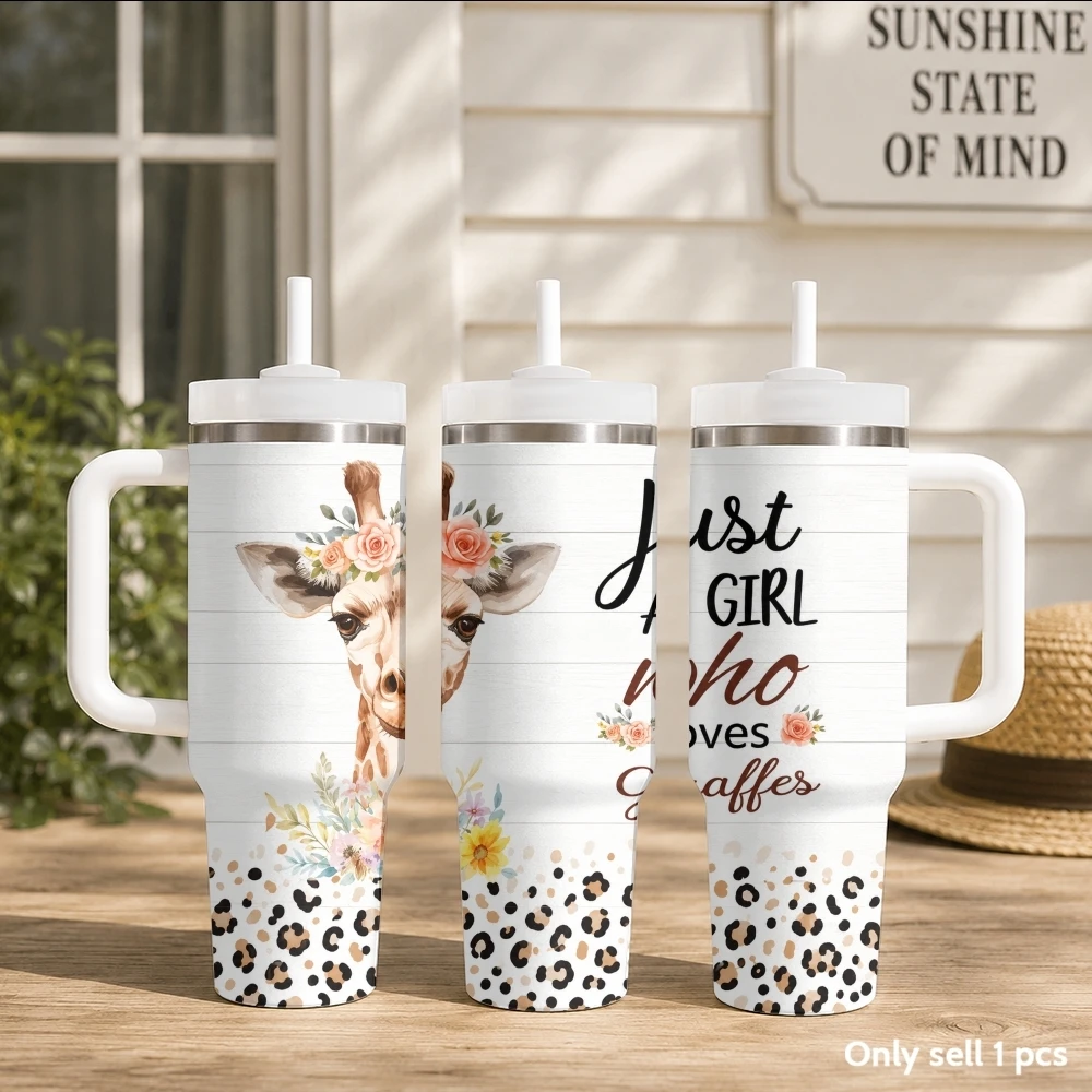 Foloda Giraffe Gifts Vacuum Flasks 40oz Stainless Steel Insulated Tumbler with Handle & Straw Leakproof Travel Mug