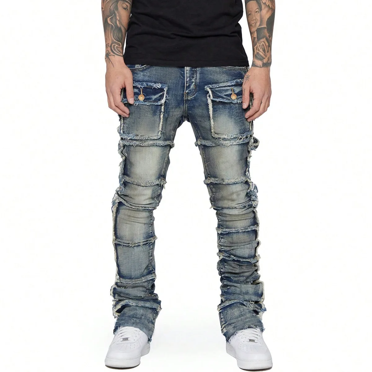 

New Retro Cargo Jeans Men Stretchy Ripped Washed Y2k Pants Straight Leg Male's Patched Denim Trousers