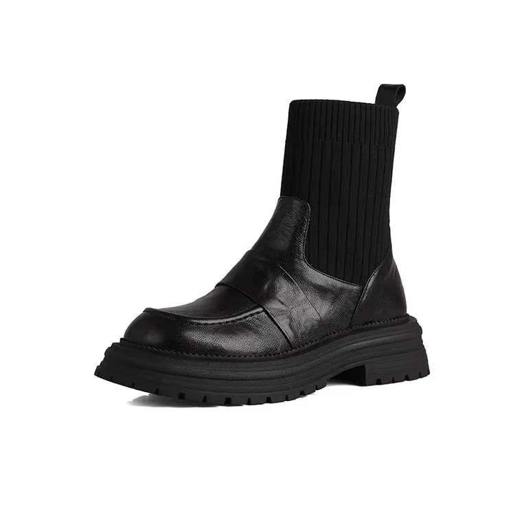 Boots Socks Heels Winter Shoes For Women Round Toe Chelsea Stockings 2024 Rubber Ladies Med Ankle Autumn Rock Microfiber Slip-O