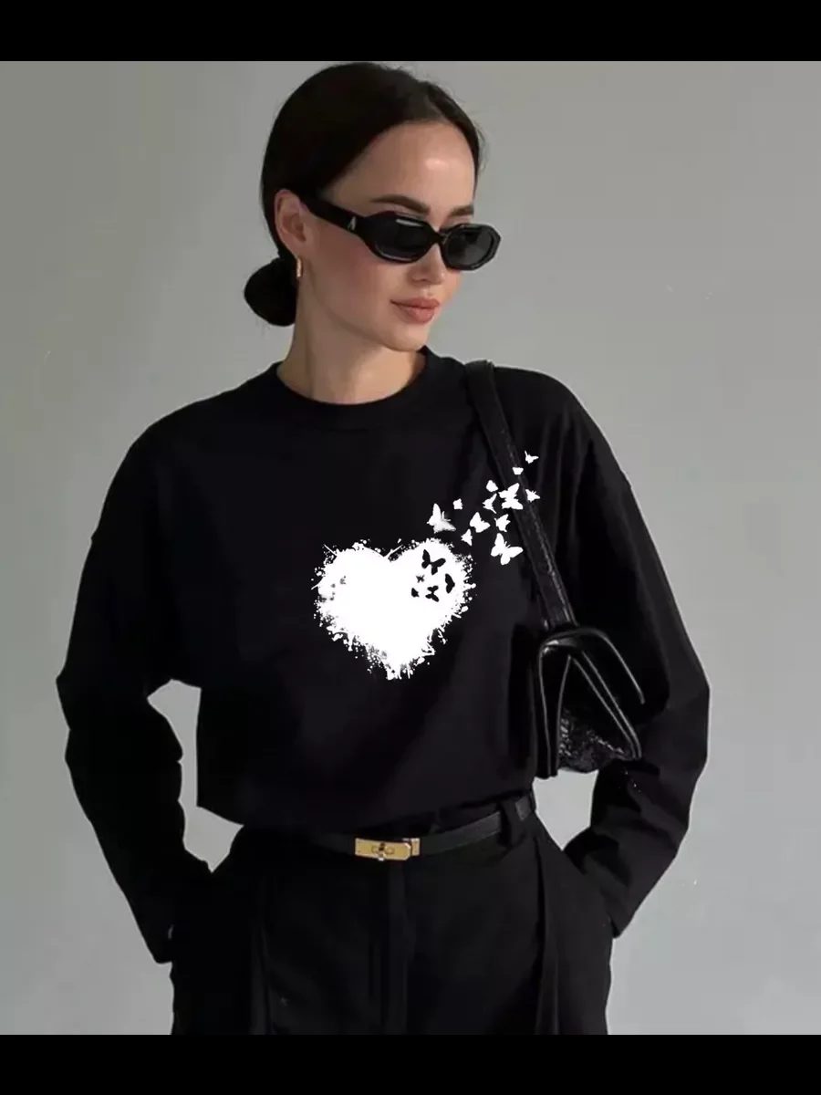 

White Cotton Long-sleeved T-shirt Funny Printing Tops 2024 New Women Tees Top