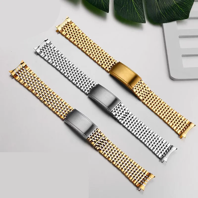 Curved End Watchband for Omega Seamaster Speedmaster DeVille Stainless Steel Strap 18mm 19mm 20mm Thin Bracelet Belt Silver Gold