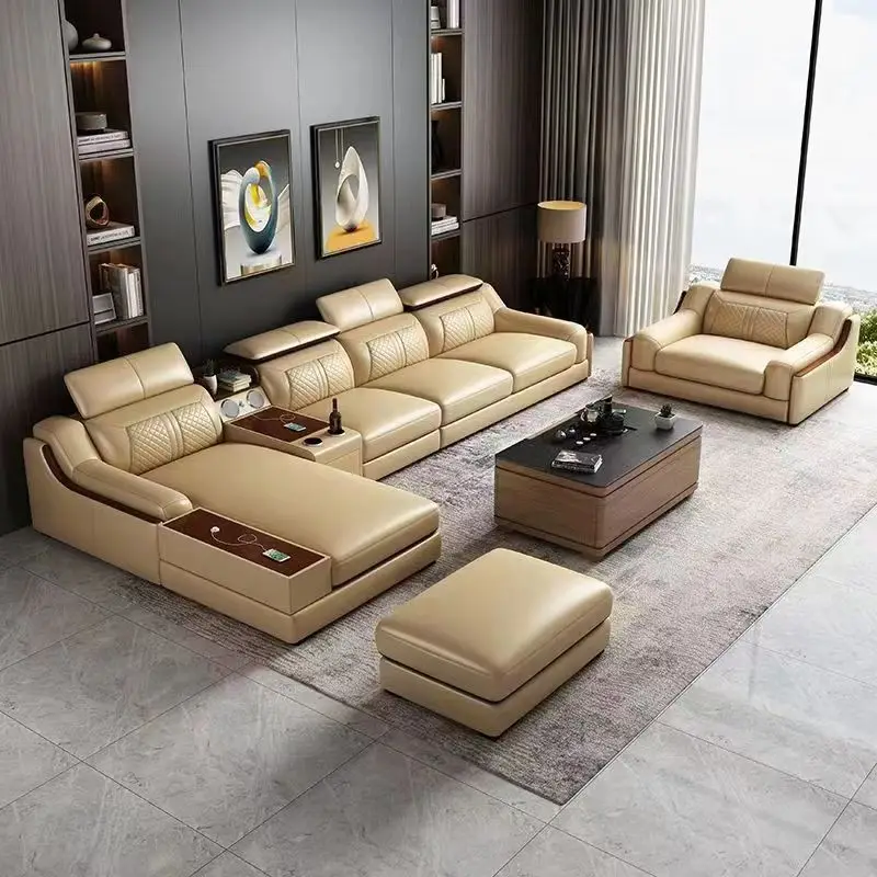 

Stylish Italian Genuine Leather Sofa for Living Room with Cup Holder, USB, Adjustable Headrests & Bluetooth Speaker - MINGDIBAO