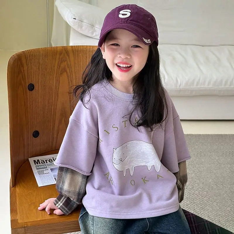 

Новинка весны/осень 20%, стильный свободный лоскутный свитшот из двух предметов с длинными рукавами и рисунком для маленьких девочек, модный свитшот с героями мультфильмов