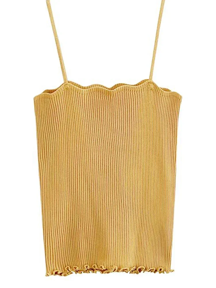 المرأة الصلبة الكشكشة محبوك قمصان بسيطة السباغيتي حزام لطيف القمم عادية عارية الذراعين الصلبة المحاصيل القمم موضة جديدة