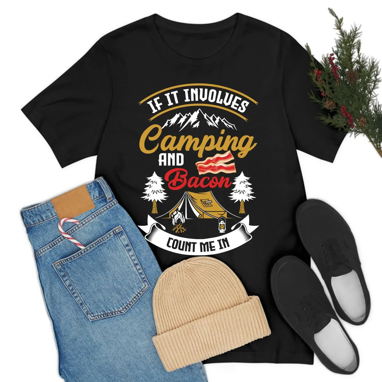 Funny If It Involves Camping And Bacon Count Me In Food Lover Foodie T Shirt For Travelers vintage Washed fashion Unisex
