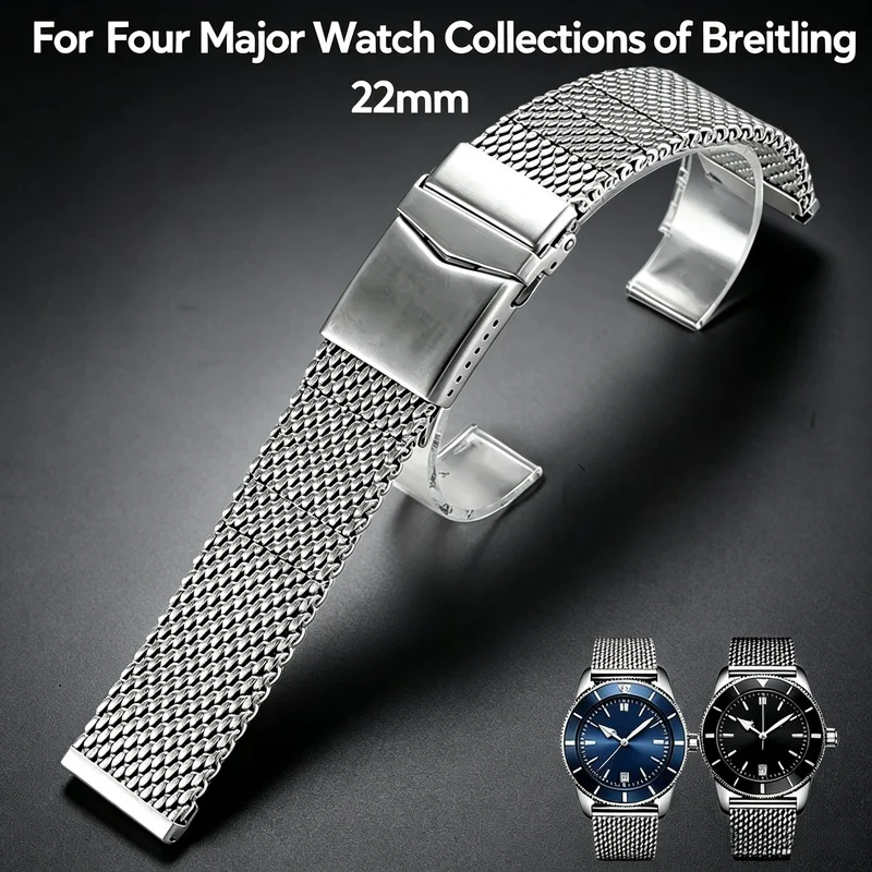 Superocean Heritage Avenger Blackbird Milanese Mesh Steel Color Folding Clasp 22mm Stainless Steel Watch Strap For Breitling