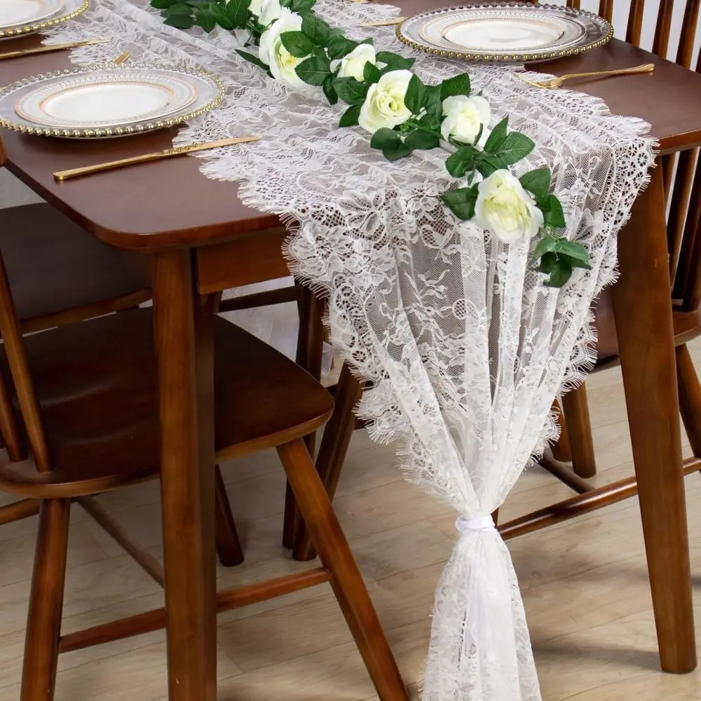 

White Color Lace Table Runner Rectangular Shape European Style Vintage Table Runners Soft Floral Embroidery