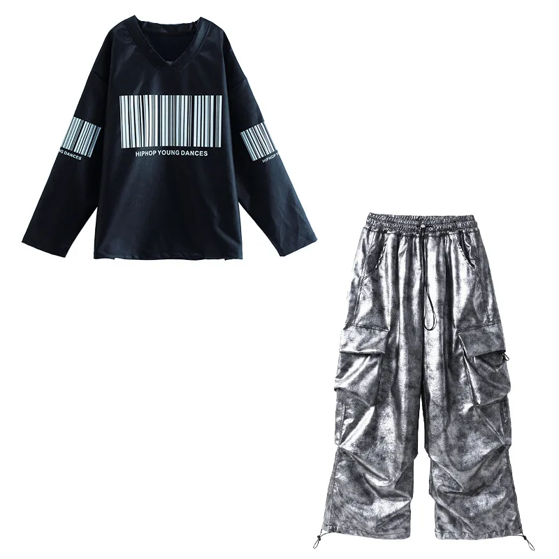 Ropa de Hip Hop Kpop para chico, sudadera de piel sintética negra, pantalones Cargo de paracaídas con tinte plateado para niña y niño, trajes de baile, ropa