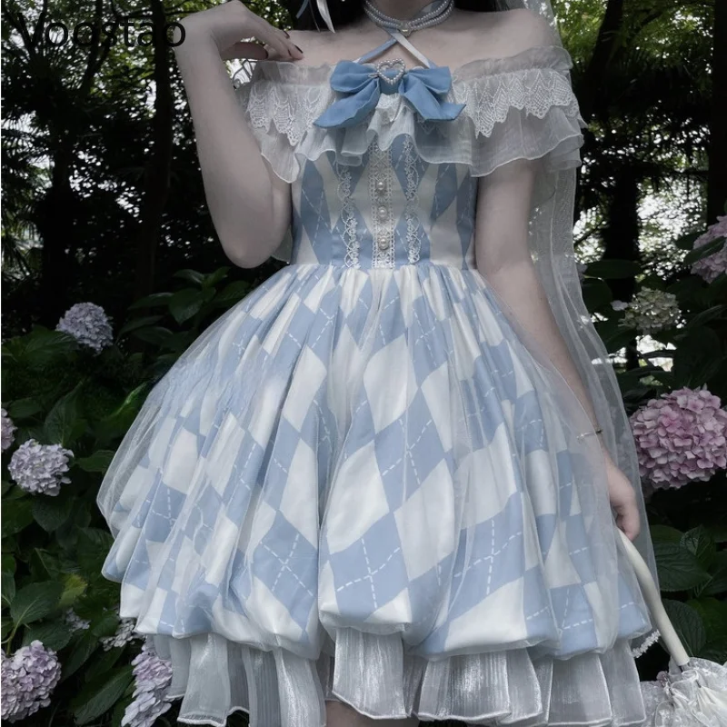 Japanischen Süßen Lolita Prinzessin Kleid Frauen Vintage Eleganten Bogen Spitze Off Schulter Plaid Party Kleider Girly Kawaii Hochzeit Kleid