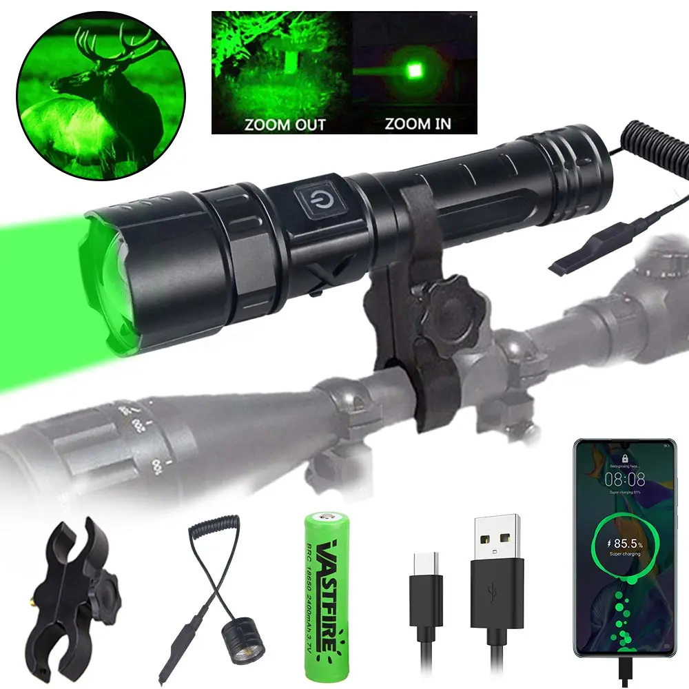 Tactical Hunting Flashlight L2 Green/White/Red Zoomable Weapon Light USB Rechargeable Camping Torch With Scope Mount Lantern