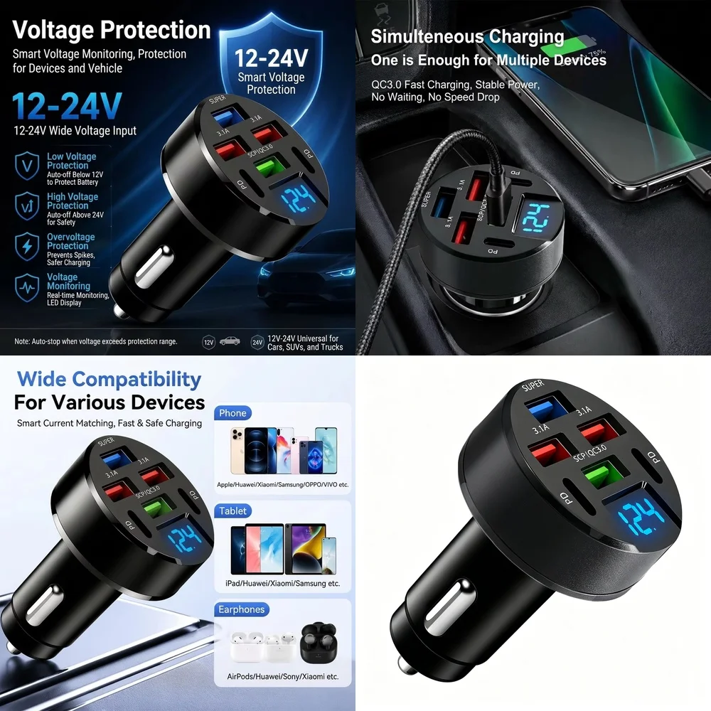 100W Multi Port 6 Port Car USB Charger with LED Digital Voltage Display QC3.0 PD Fast Charge Adapter for iPhone Samsung Tablet