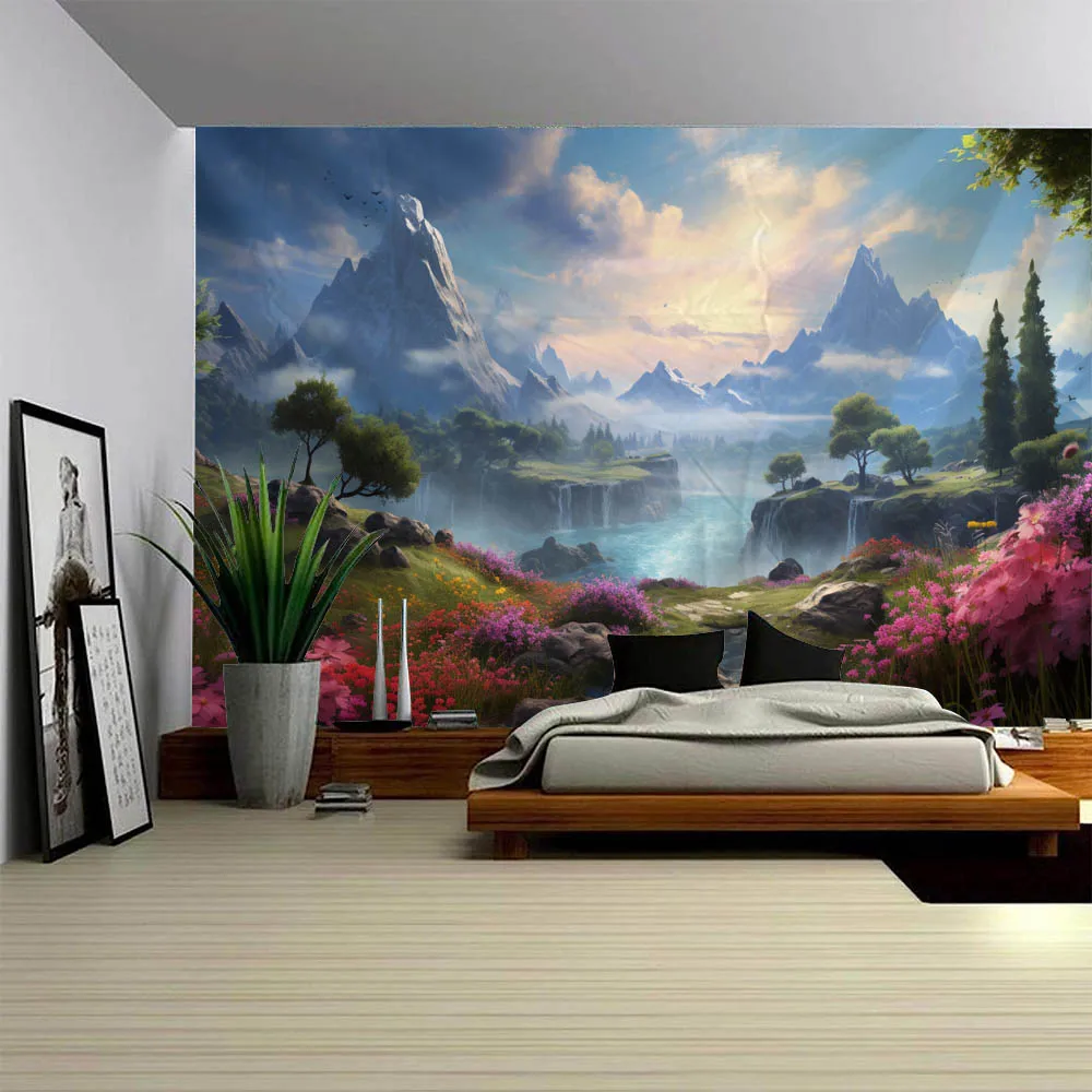 Galaxy Fantasy Flower Wonderland Waterfall Tapestry - Wall Hanging Fabric Art for Bedroom Living Room Dormitory Decoration