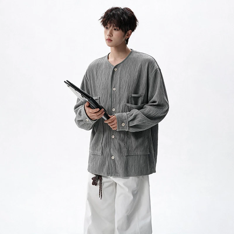 LUZHEN 2026 New Trendy Stripe Textured Pockets Decorate Loose Shirts Coat Men's Fashion Solid Color Korean Casual Clothes JY9223