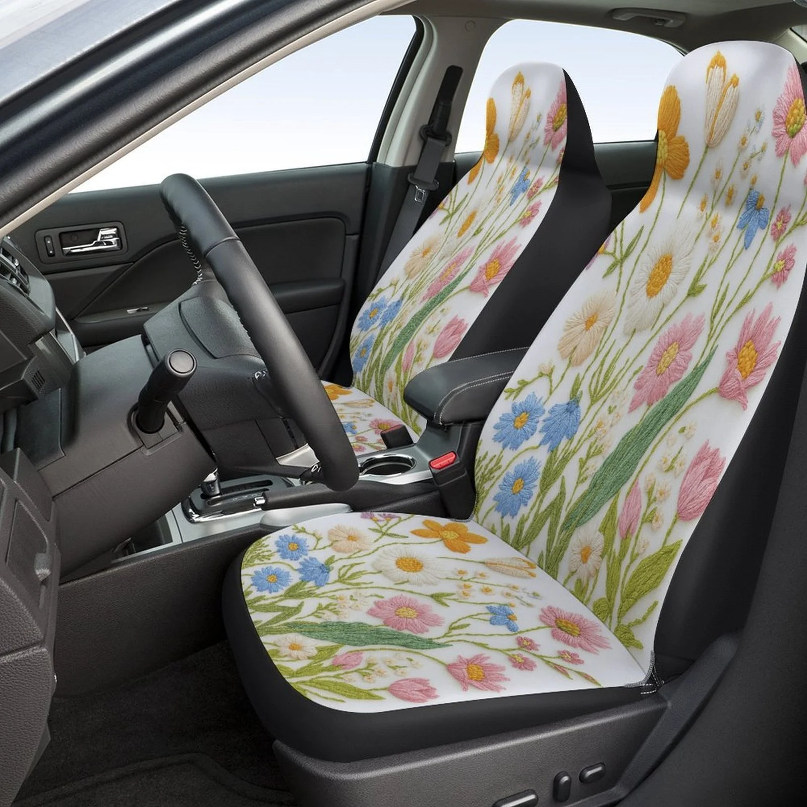 Vibrant Flower-Patterned Car Cover Set Suitable For Various Vehicles, Stylish And Breathable Covers For The Entire Seating Area,