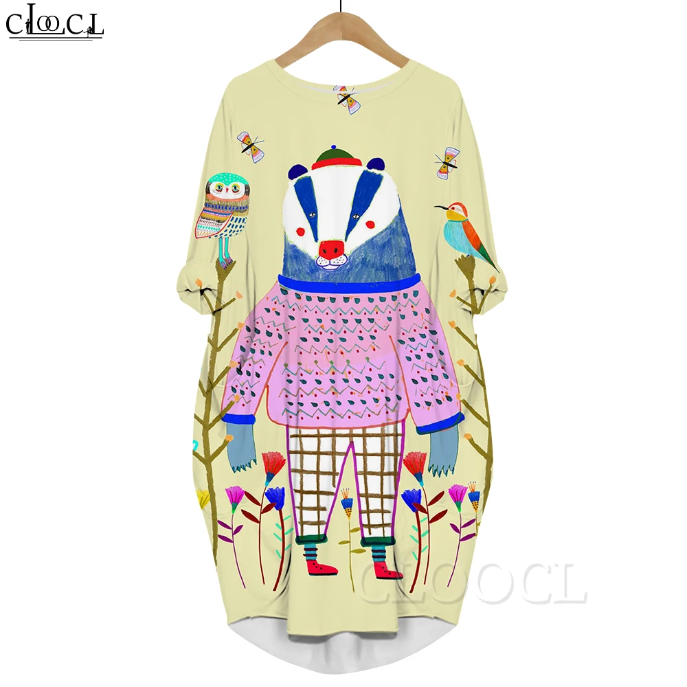 

CLOOCL Fashion Casual Dress Cute Raccoon Graphics 3D Printed Funny Cartoon Long Sleeves Pocket Dresses Kawaii Party Dresses