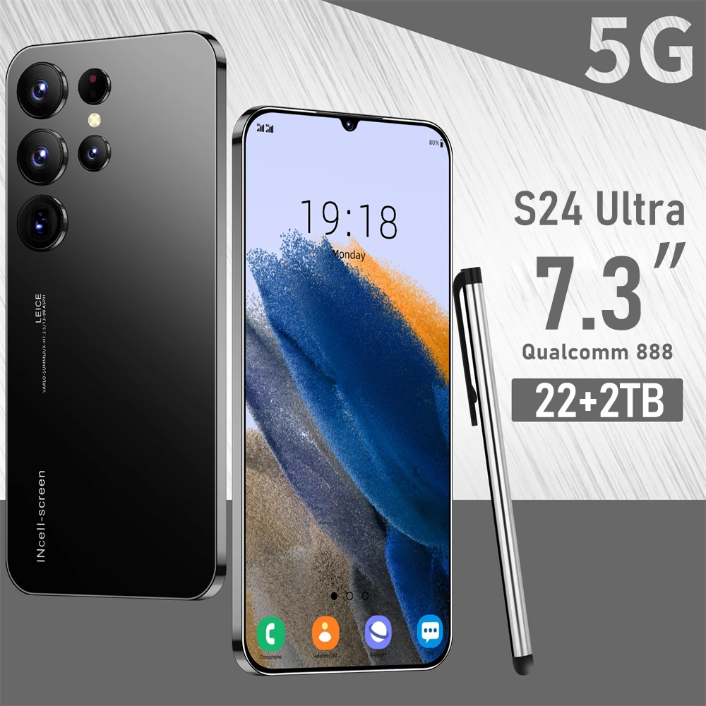 Мобильный телефон S24 Ultra Global Version Смартфон 8000 мАч Dual SIM-карта Сотовый телефон 5G Android 22 ГБ + 2 ТБ Смарт-мобильные телефоны Разблокированное лицо