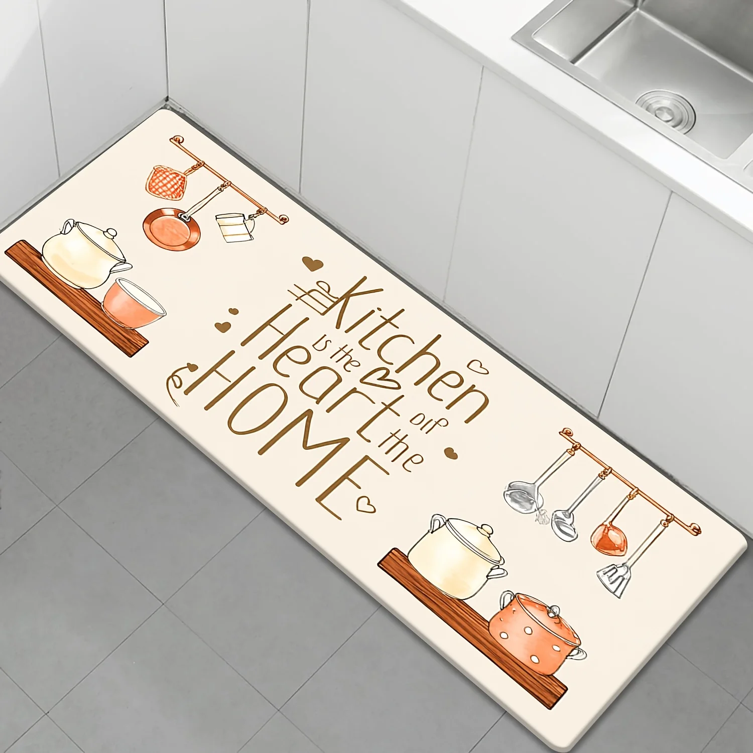 Cute Hand Drawn Pot Pan Kitchen Text Runner Rug, Non-Slip Rug for Kitchen, Entryway, Bathroom & Living Room Soft Warm Decor