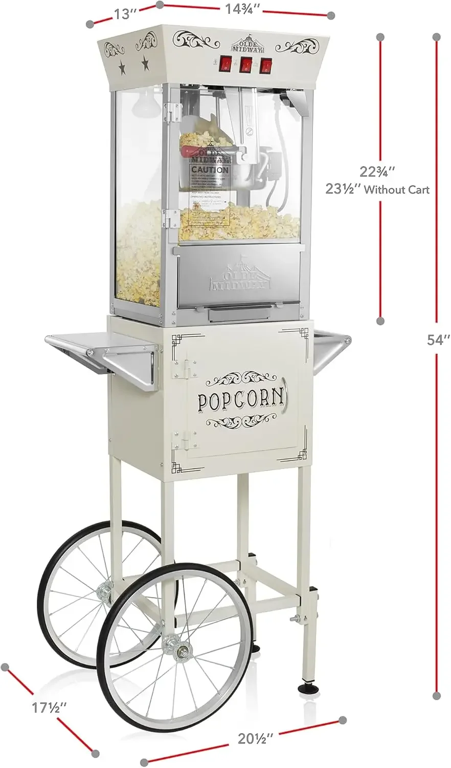 เครื่องทําป๊อปคอร์นสไตล์โรงละครภาพยนตร์ Midway พร้อมรถเข็นและกาต้มน้ํา 10 ออนซ์ - ครีม ป๊อปเปอร์สไตล์วินเทจบนล้อ