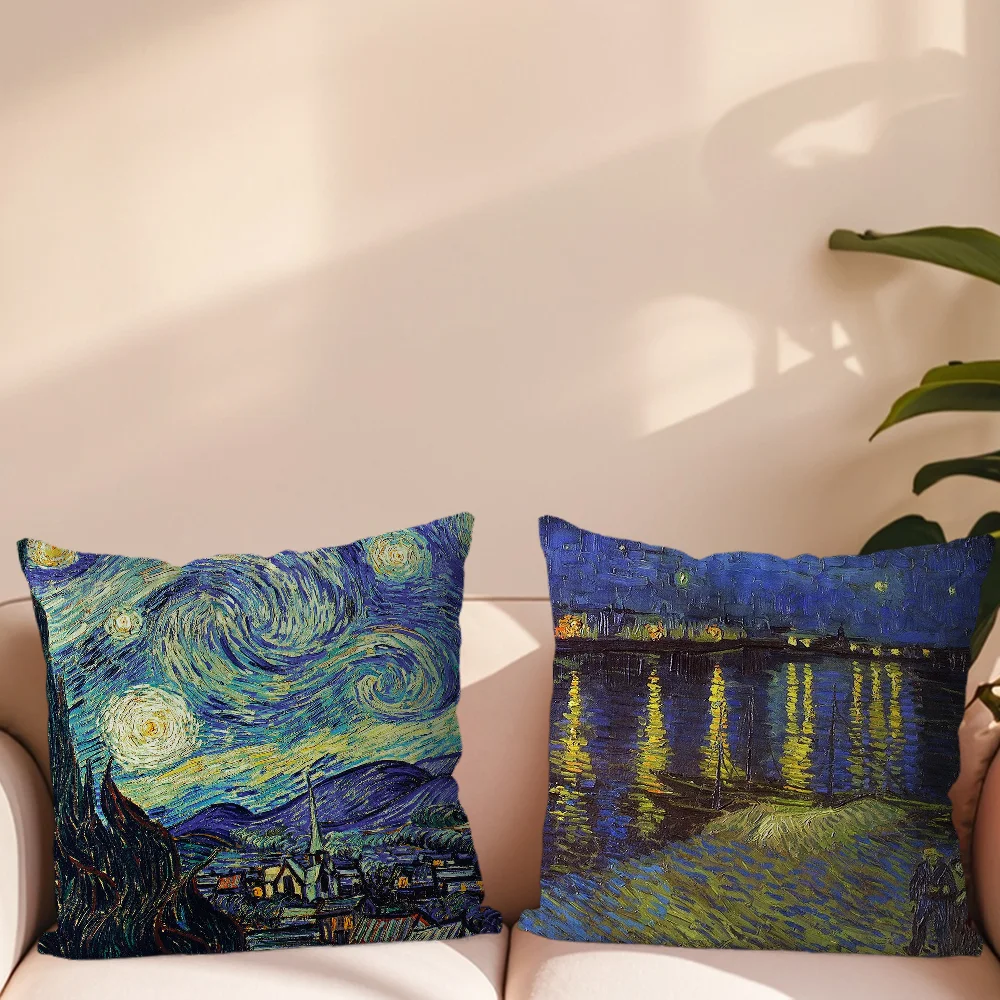 Van Gogh Related Oil Painting Art Pillow Case For Sofa Bedroom Living Room Office Bedside Table Backrest Cushion Printing Square