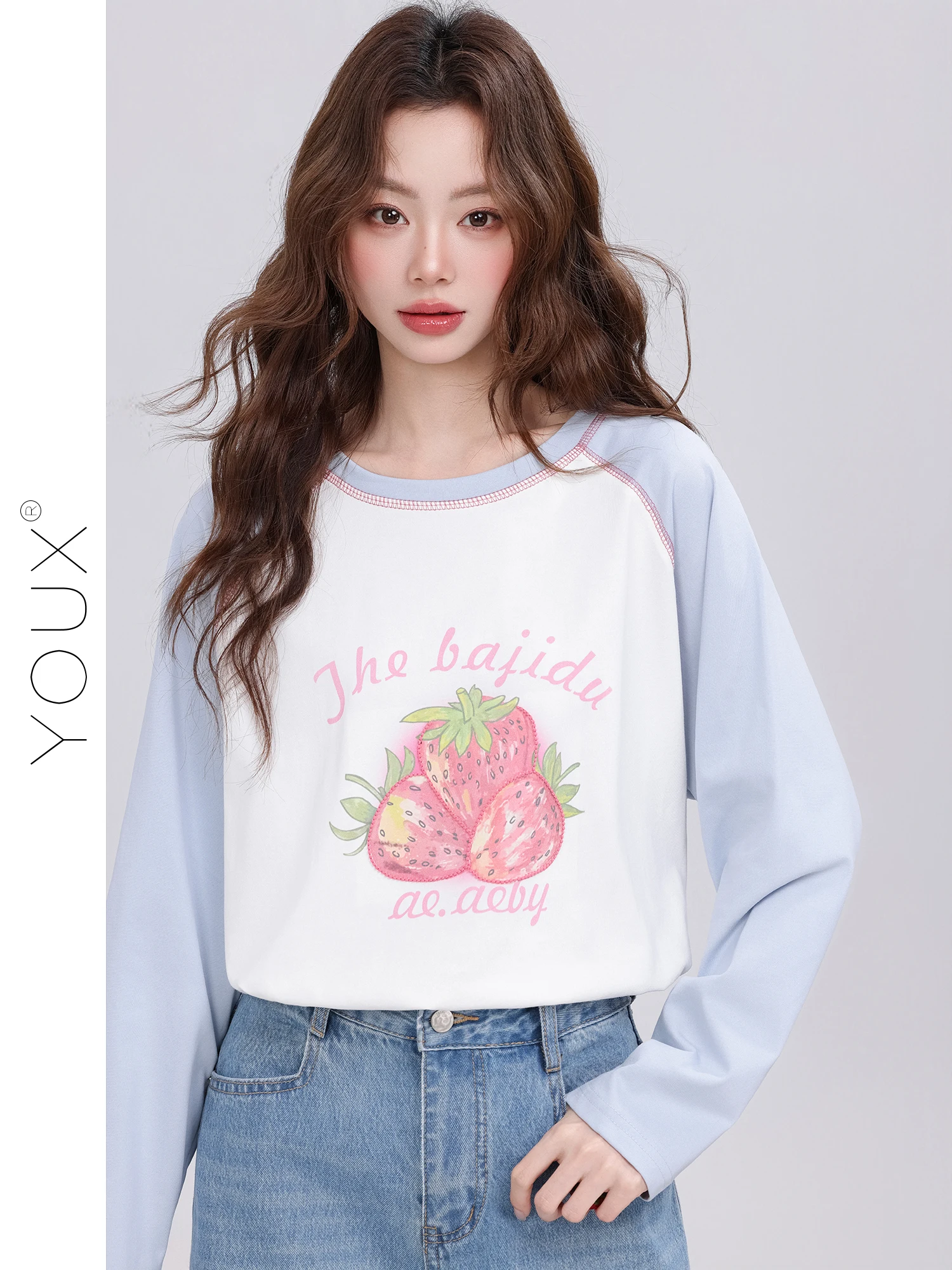 

2026 Summer New Korean Style Commute round Neck Long Sleeve T-Shirt Strawberry Print Casual Women's Top Breathable Cotton Pol...