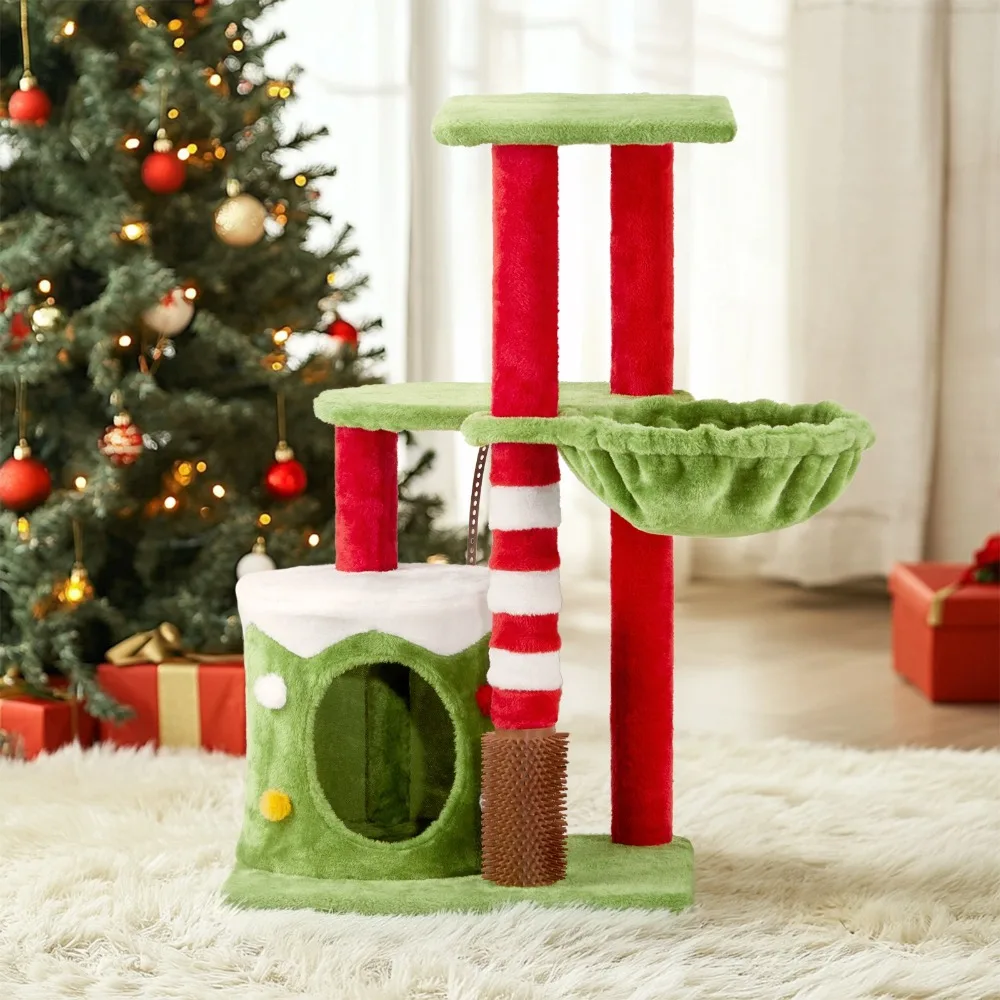 

32" Cat Scratching Posts Tower with Cat Condo & Hammock Multiple Resting Choices