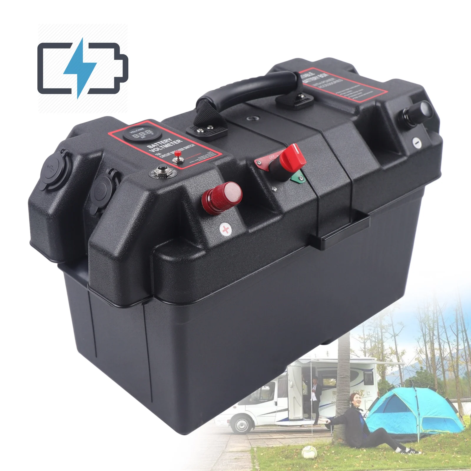 Portable Multi Functional Battery Box Black Large With Strap USB For Caravan Boat Camper Motorhome