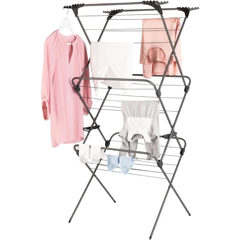 Premium SureGrip 3 Tier Indoor and Outdoor Clothes Drying Rack, Lightly Textured Non Slip Rungs, 69 Ft. of Hanging Space, Silver