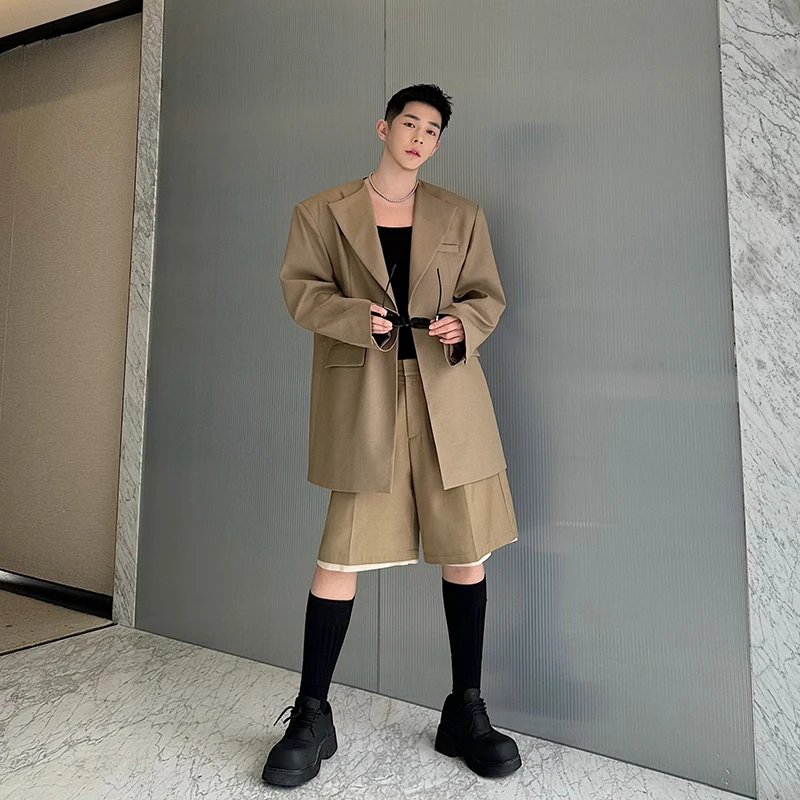 Men Fashion Show Loose Casual Oversized Blazers Suits Jacket Shorts 2PCS Sets Korean Streetwear Vintage Suit Coat Short Pant