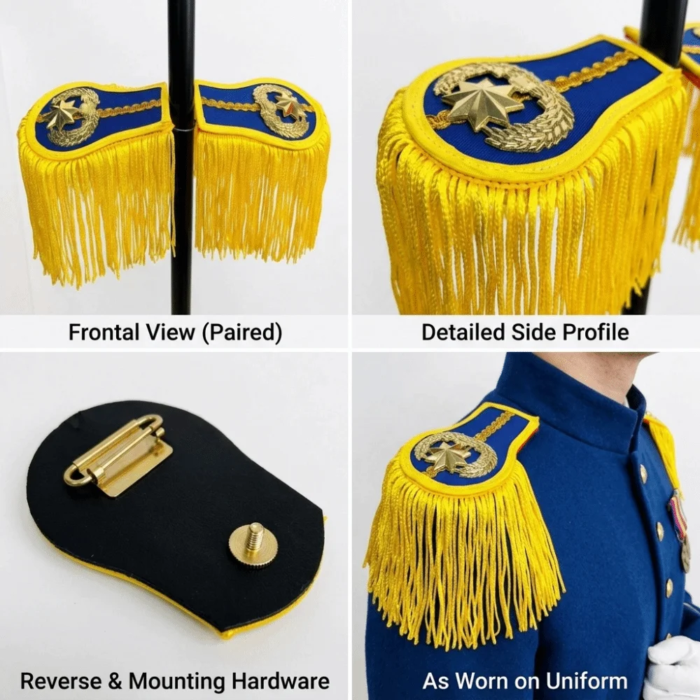 Smooth Satin Fabric Epaulettes Imitation Metallic Tassels Alloy Decorative Emblems Tassel Epaulettes Reinforced Stitching