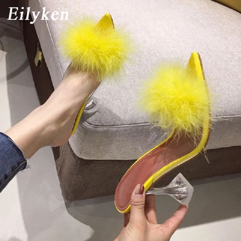 Eilyken Feather Fur PVC Transparent High Heels Woman Slippers Pointed Toe Mules Lady Pumps Slides Stripper White Shoes