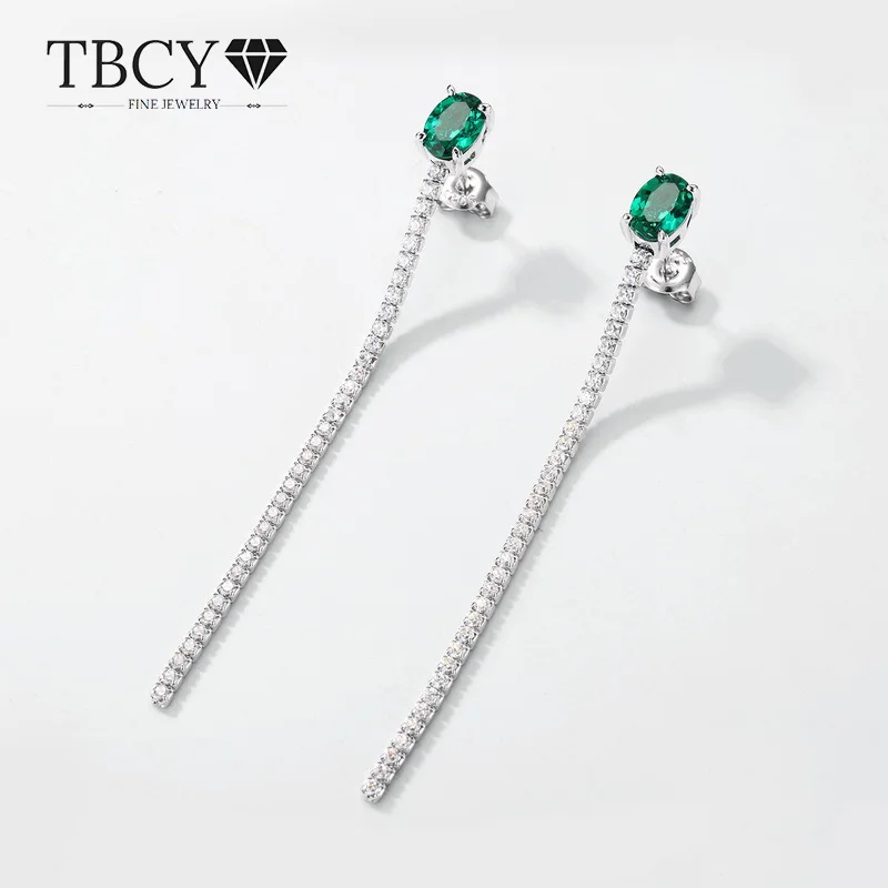 TBCYD البيضاوي الزمرد شرابة الأقراط S925 فضة شرابة الزمرد مع مختبر الأخضر المزروع نمت جوهرة طقم من الحلقان #1