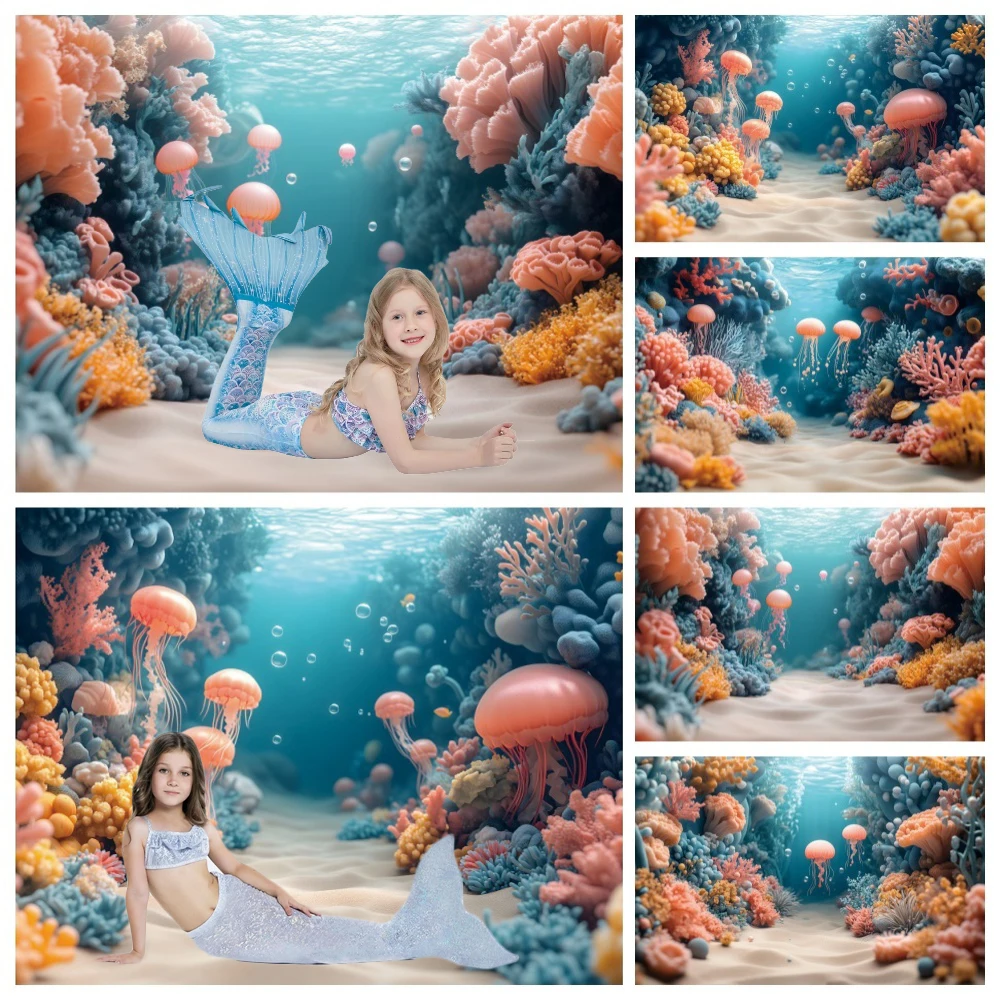 Underwater World Backdrop Photography Ocean Undersea Jellyfish Coral Little Mermaid Girls Birthday Party Decoration Background