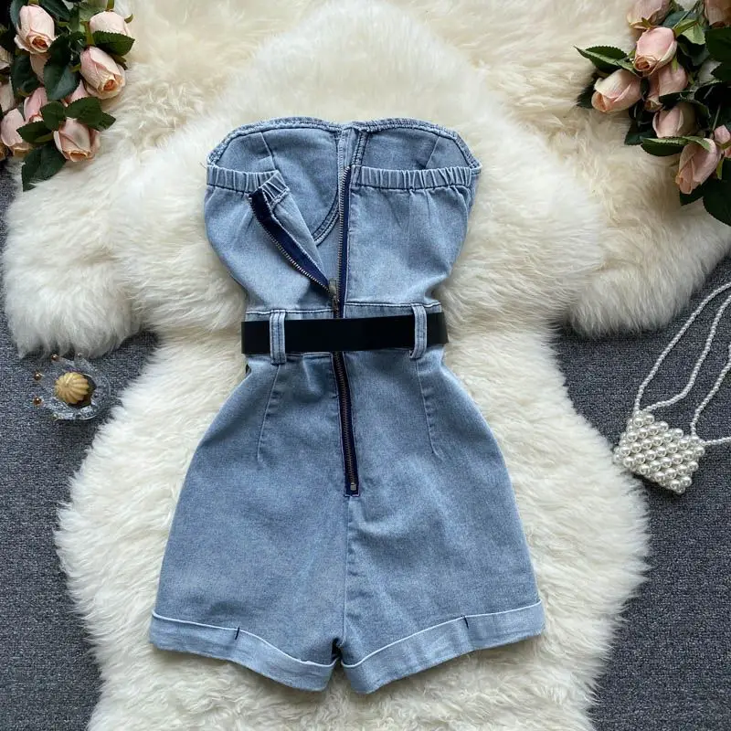 Rompers Jeans Shoulder Jumpsuit Off 2024 Summer Loose Casual Denim Blue Womens Jumpsuits Wide Leg Casual Denim Overalls