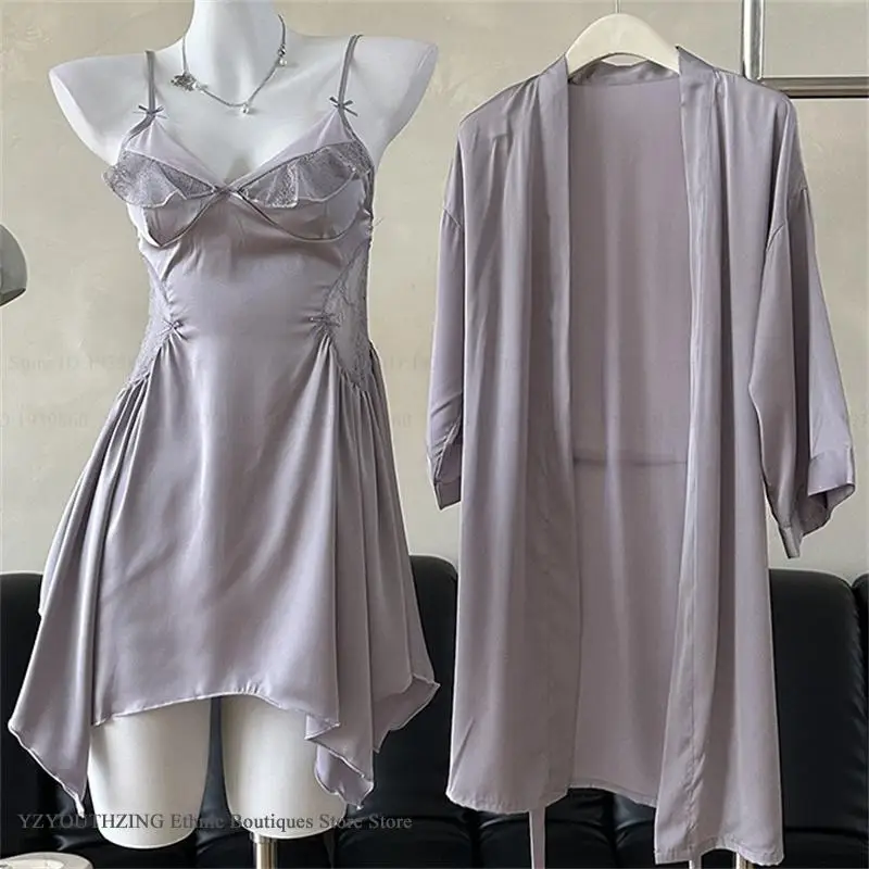 

Female Twinset Robe Set Sleepwear Sexy Patchwork Lace Nightdress Lingerie Backless Nightgown Home Dress Silk Satin Loungewear