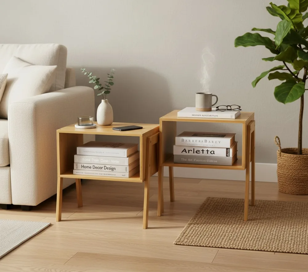 

Bamboo Stackable End Tables, Wood Nightstand for Bedroom Storage, 2-Piece Set