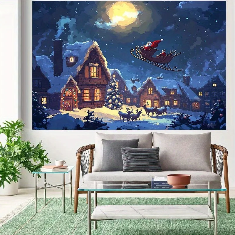 سانتا كلوز زلاجات قرية عيد الميلاد خلفية مع القمر والثلج والرنة - بوليستر، لا يتطلب طاقة